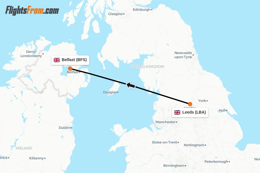 Flights from Leeds to Belfast route map