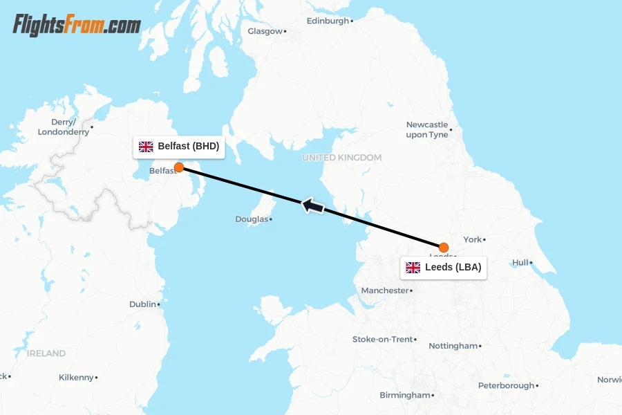 Flights from Leeds to Belfast route map
