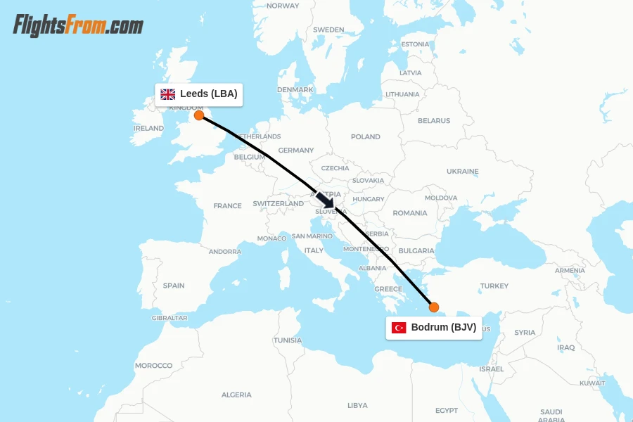Flights from Leeds to Bodrum route map