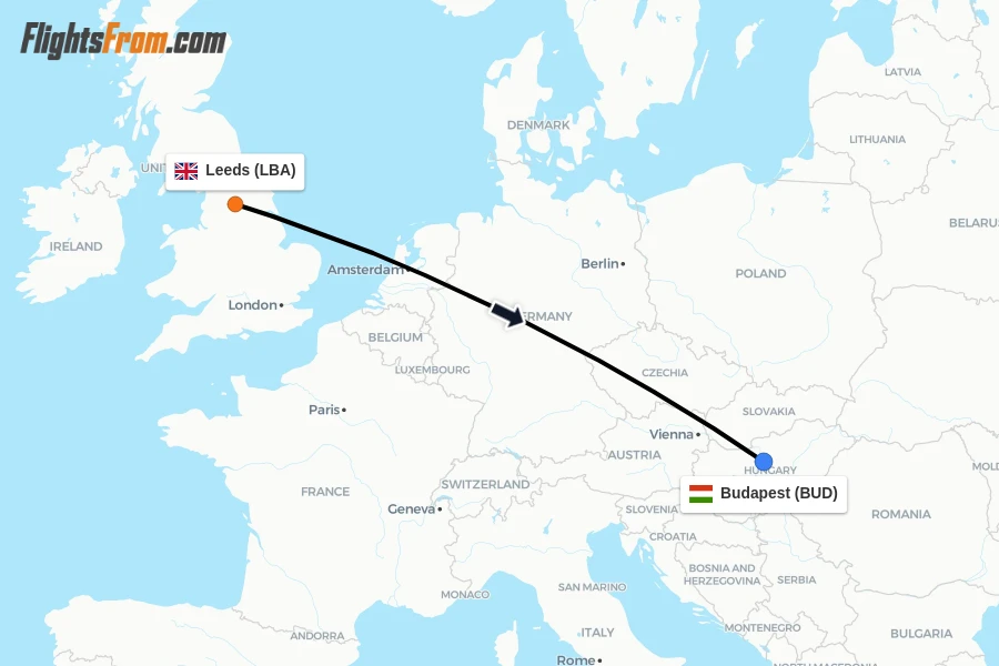 Flights from Leeds to Budapest route map