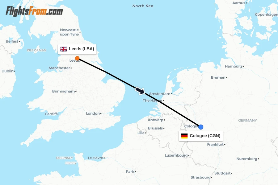 Flights from Leeds to Cologne route map