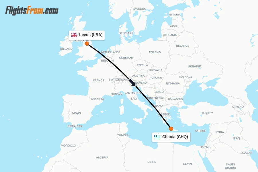 Flights from Leeds to Chania route map