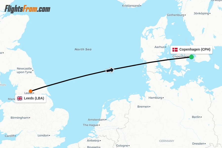Flights from Leeds to Copenhagen route map