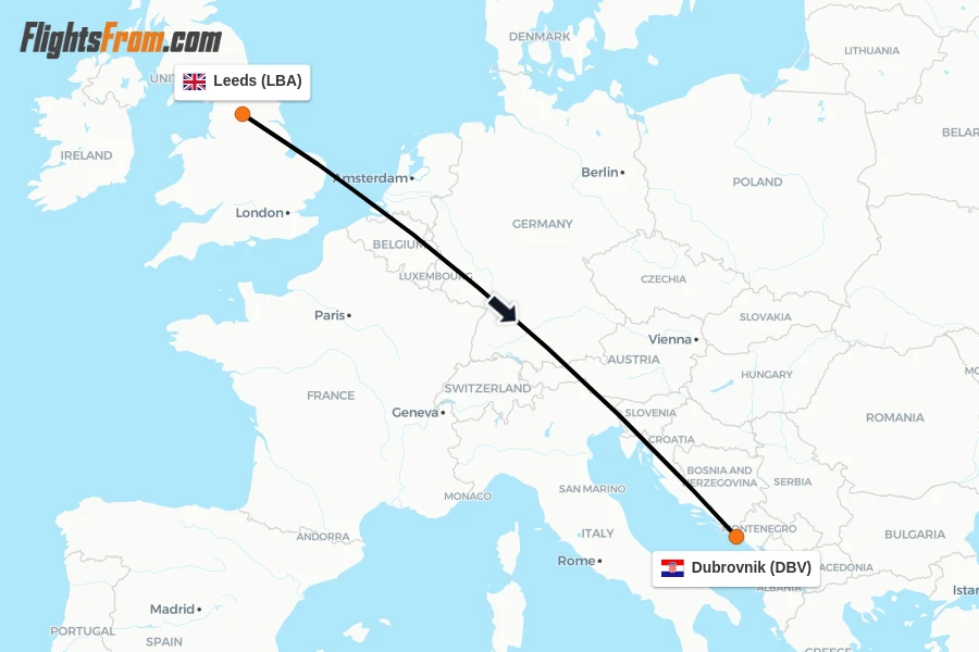 Flights from Leeds to Dubrovnik route map