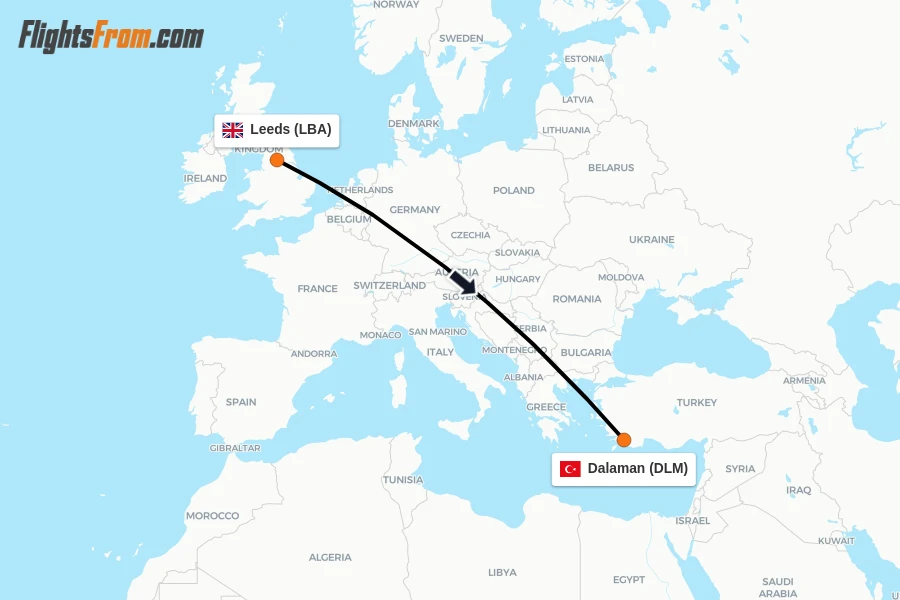 Flights from Leeds to Dalaman route map