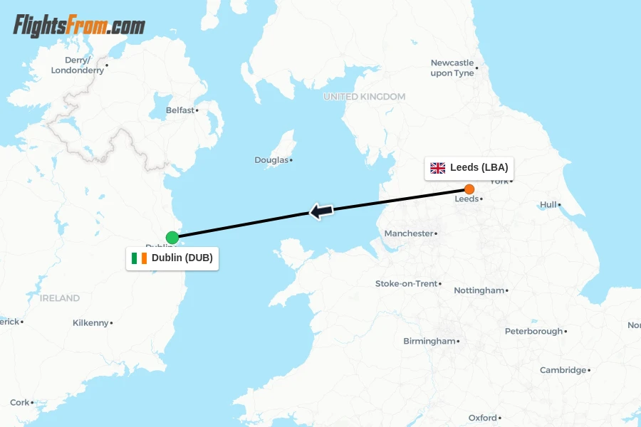 Flights from Leeds to Dublin route map