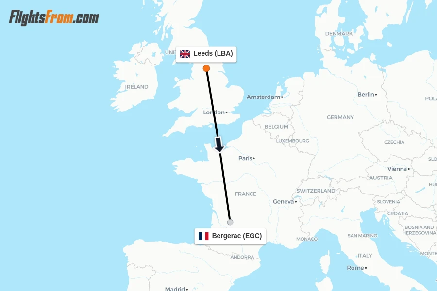 Flights from Leeds to Bergerac route map