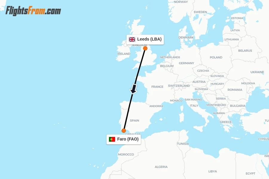 Flights from Leeds to Faro route map
