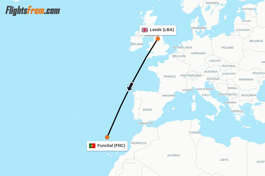Flights from Leeds to Funchal route map