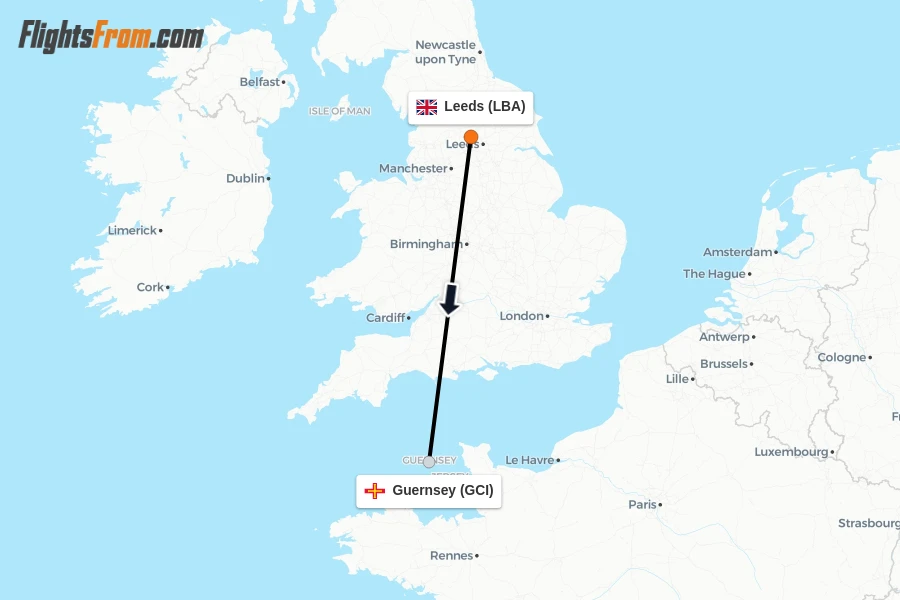 Flights from Leeds to Guernsey route map