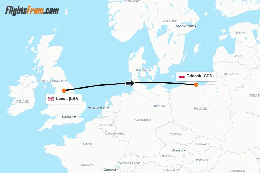 Flights from Leeds to Gdansk route map
