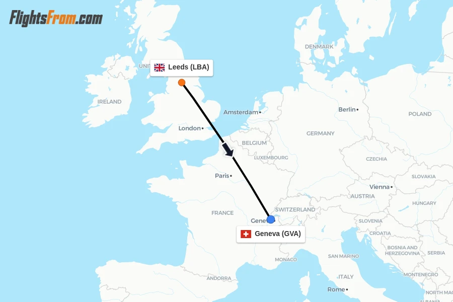 Flights from Leeds to Geneva route map