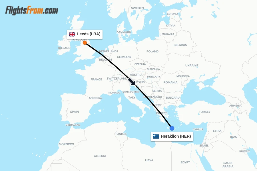 Flights from Leeds to Heraklion route map