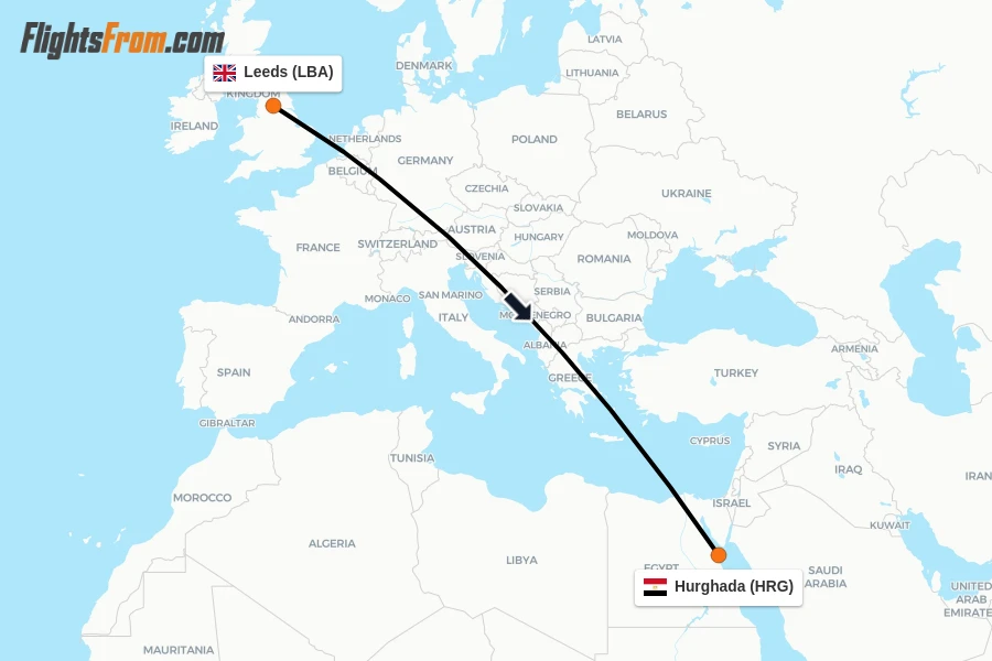 Flights from Leeds to Hurghada route map
