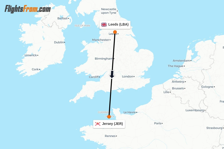 Flights from Leeds to Jersey route map