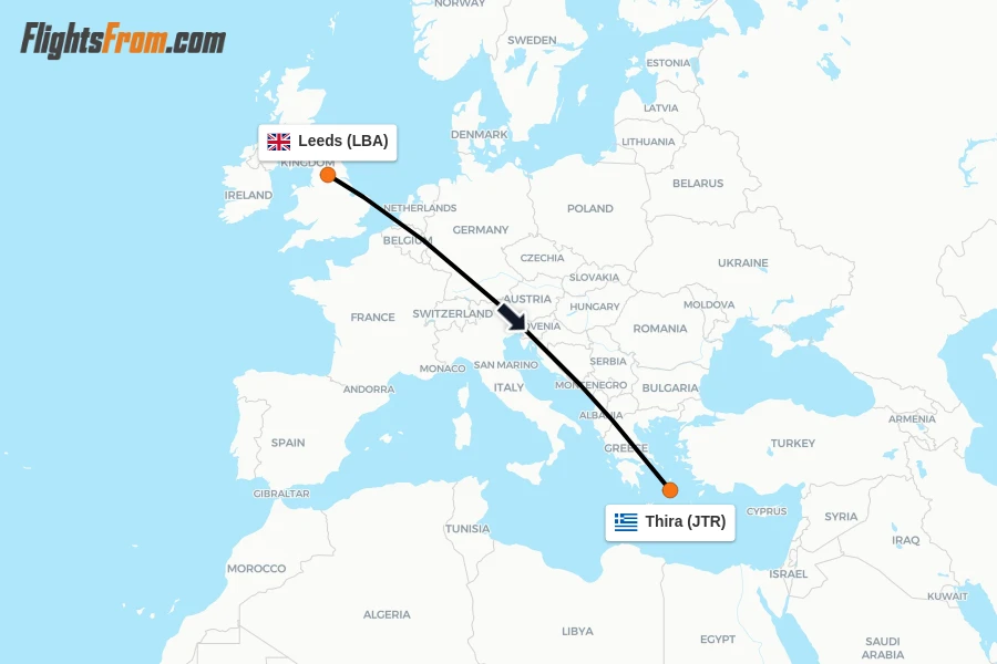 Flights from Leeds to Thira route map