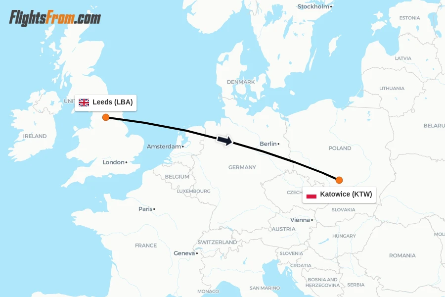 Flights from Leeds to Katowice route map
