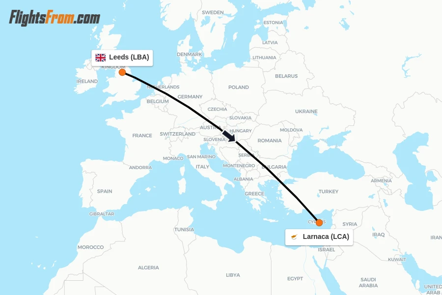 Flights from Leeds to Larnaca route map