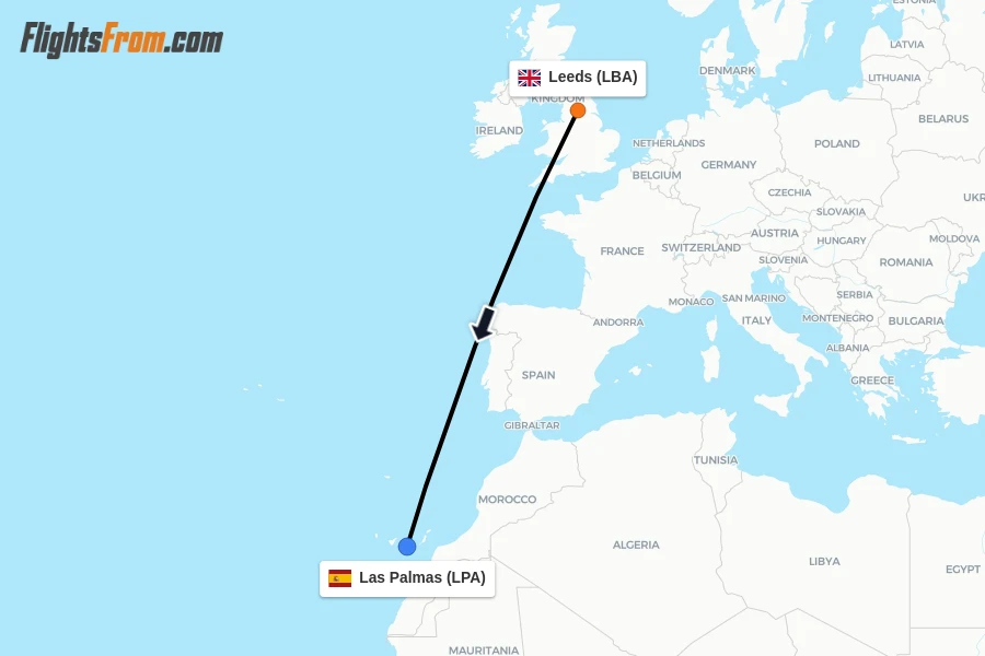 Flights from Leeds to Las Palmas route map