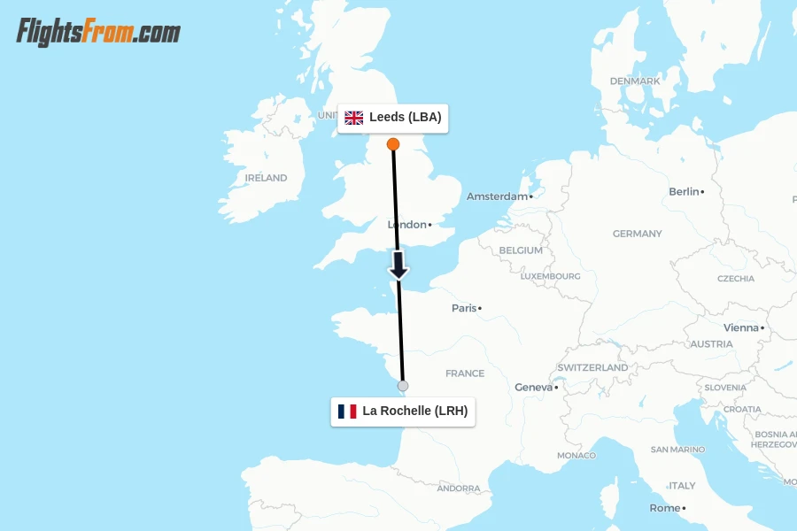 Flights from Leeds to La Rochelle route map