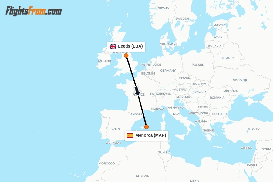Flights from Leeds to Menorca route map