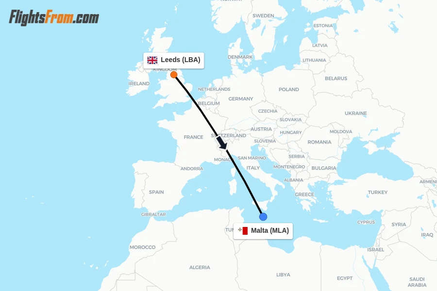 Flights from Leeds to Malta route map