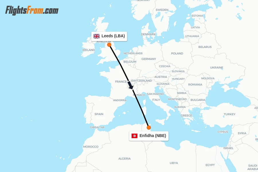 Flights from Leeds to Enfidha route map