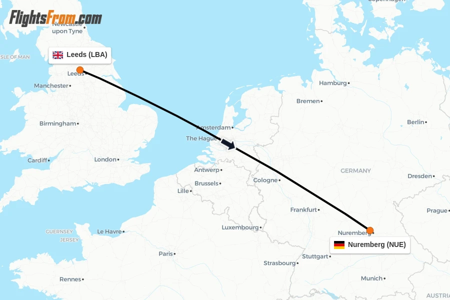 Flights from Leeds to Nuremberg route map