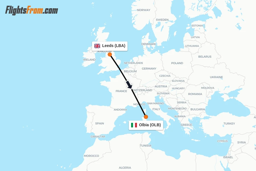 Flights from Leeds to Olbia route map