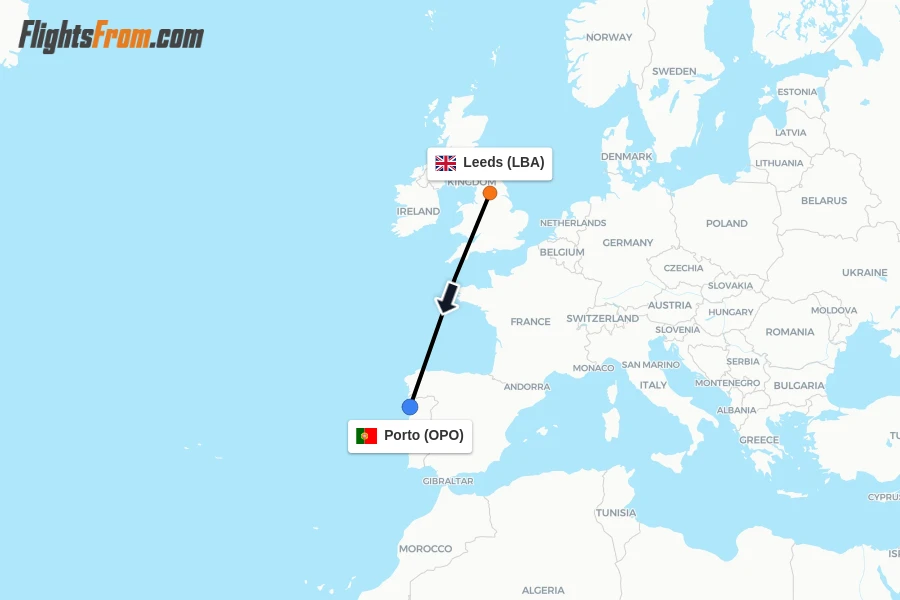 Flights from Leeds to Porto route map