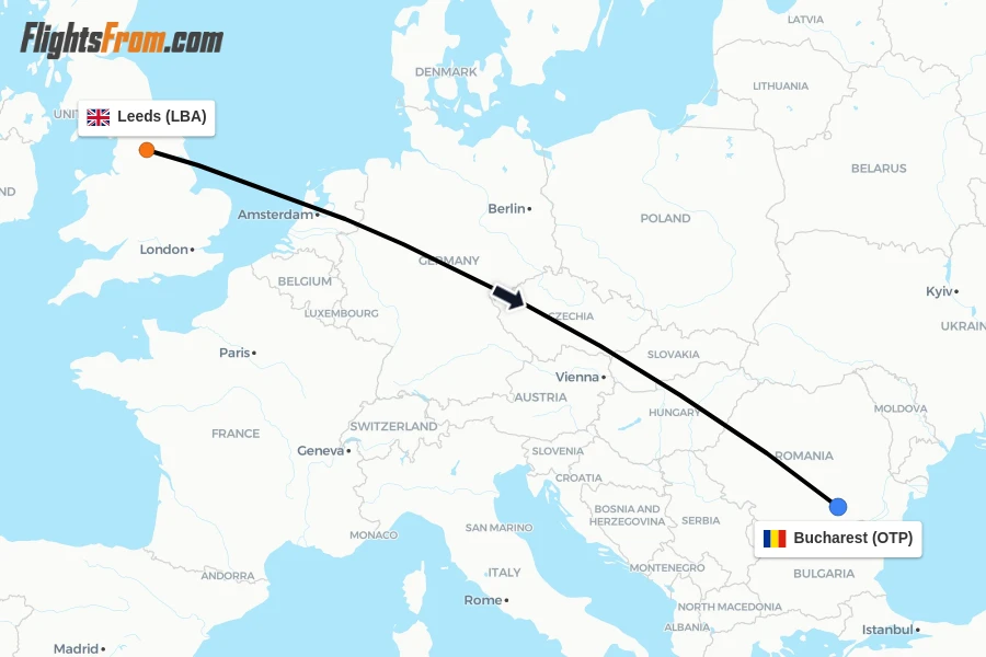 Flights from Leeds to Bucharest route map