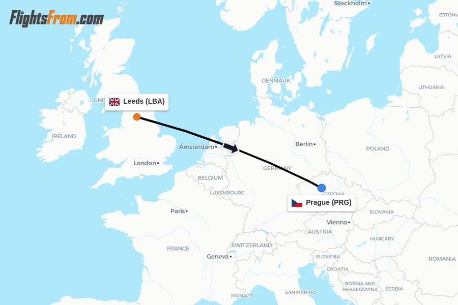 Flights from Leeds to Prague route map