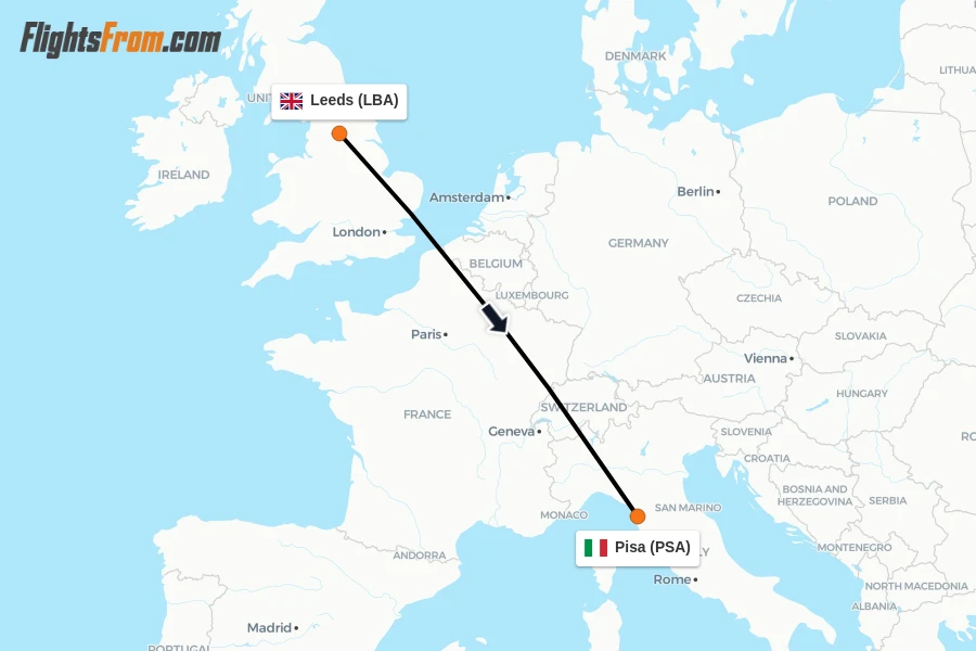 Flights from Leeds to Pisa route map