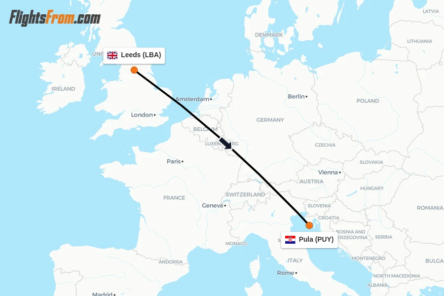 Flights from Leeds to Pula route map