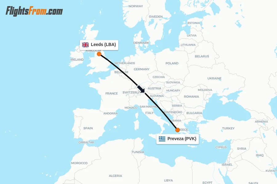 Flights from Leeds to Preveza route map