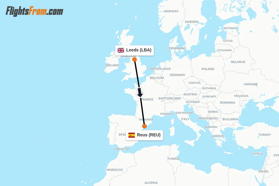 Flights from Leeds to Reus route map