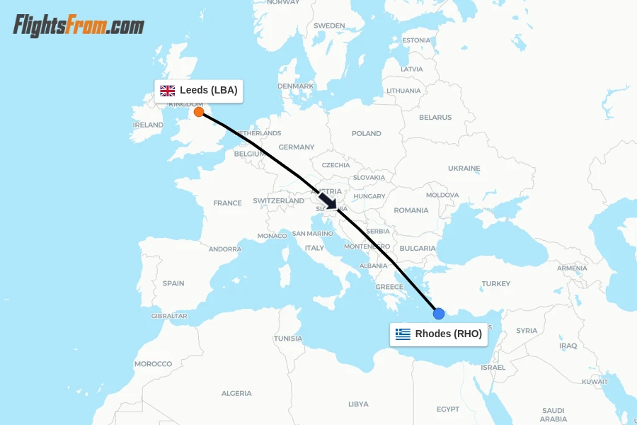 Flights from Leeds to Rhodes route map