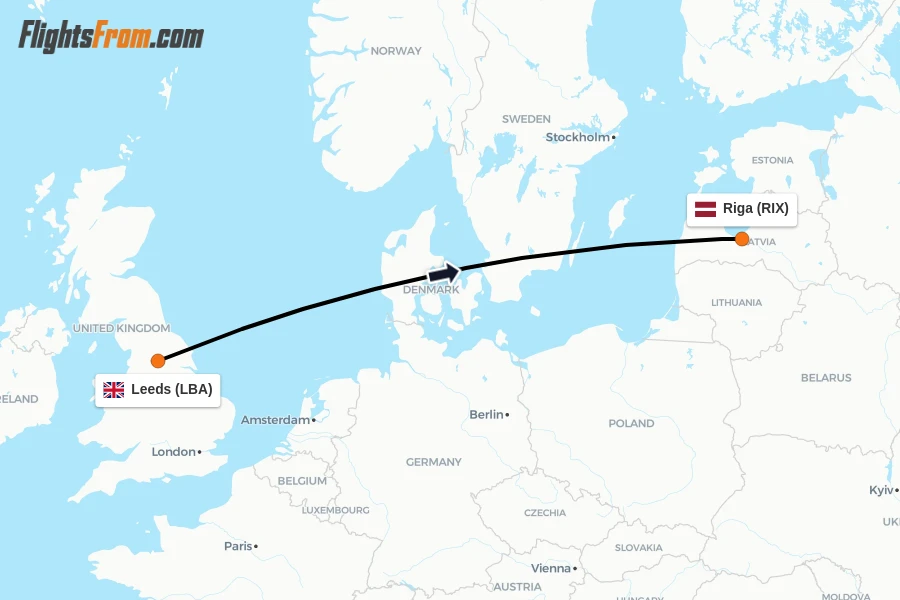 Flights from Leeds to Riga route map