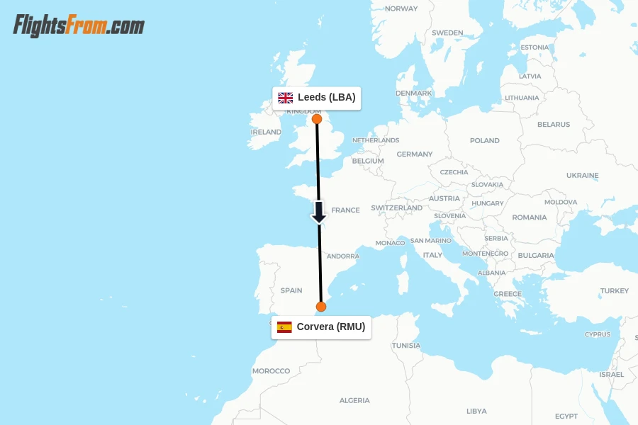 Flights from Leeds to Corvera route map