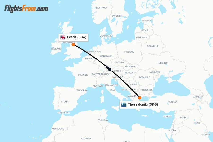 Flights from Leeds to Thessaloniki route map