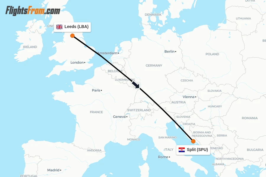 Flights from Leeds to Split route map