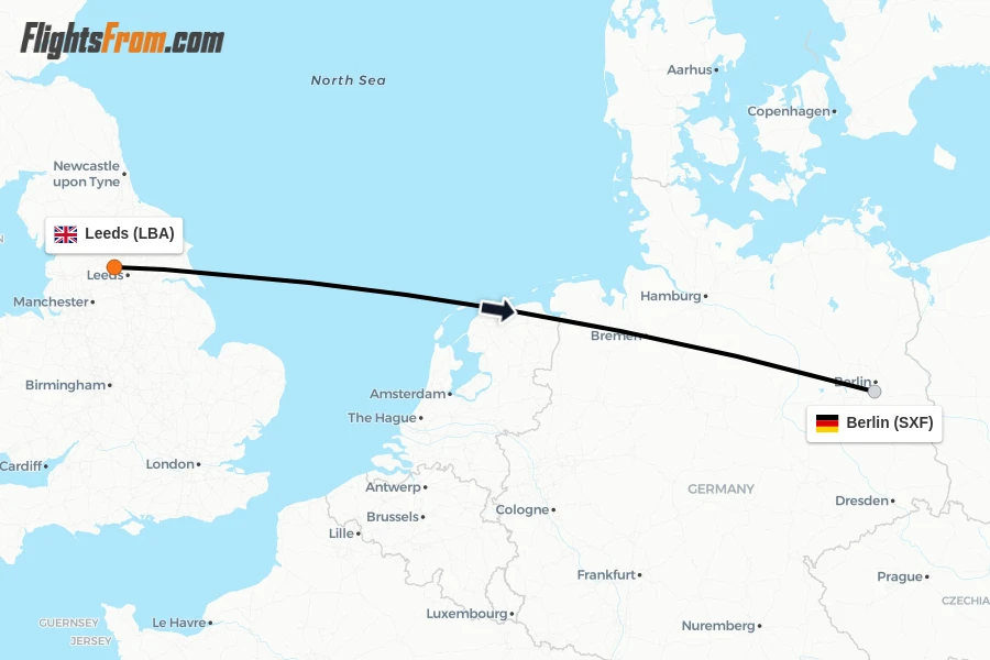 Flights from Leeds to Berlin route map