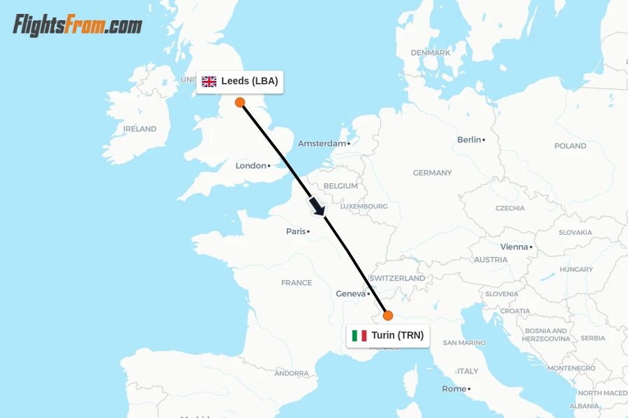 Flights from Leeds to Turin route map