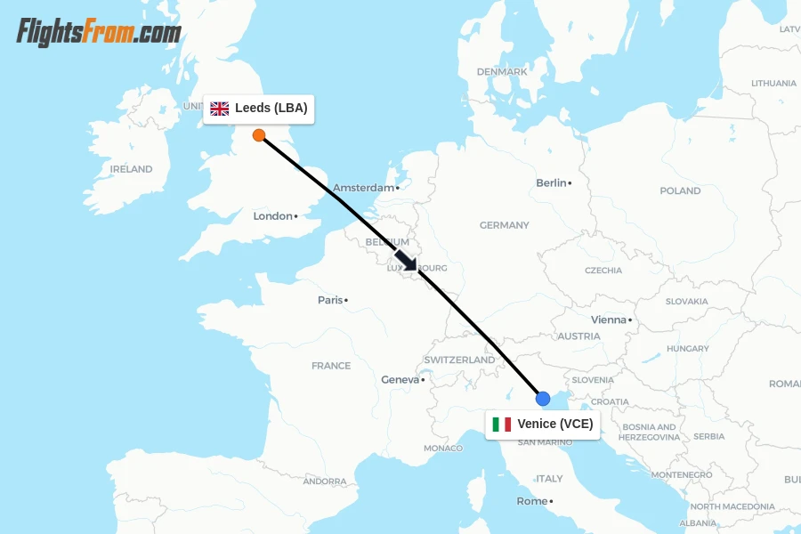 Flights from Leeds to Venice route map