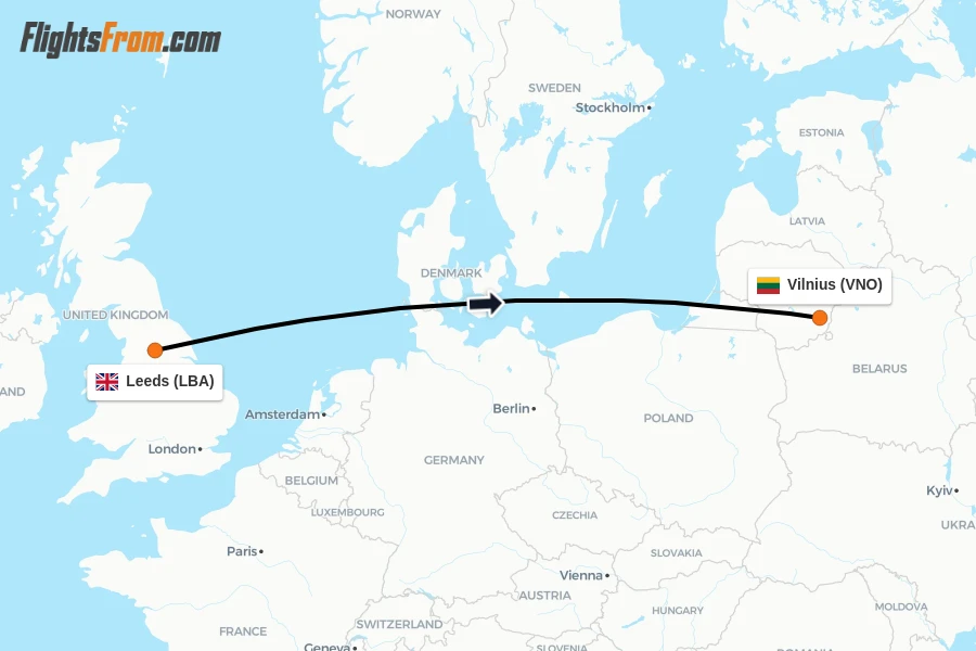 Flights from Leeds to Vilnius route map
