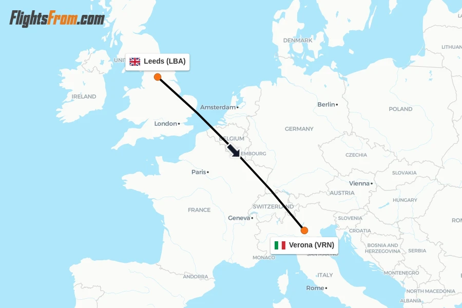 Flights from Leeds to Verona route map