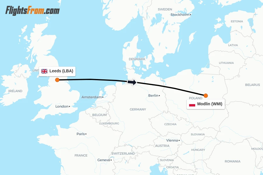 Flights from Leeds to Modlin route map