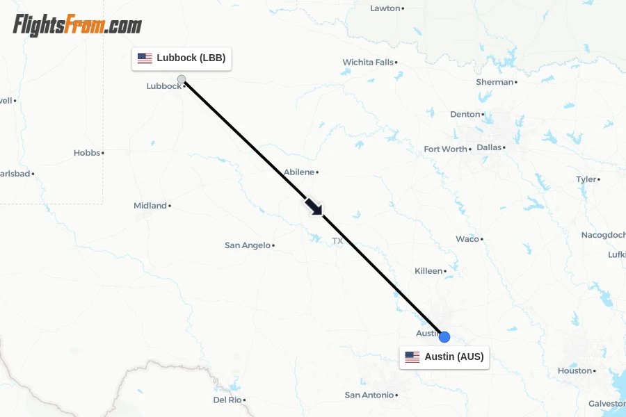 Flights from Lubbock to Austin route map