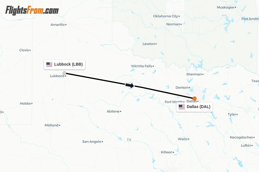 Flights from Lubbock to Dallas route map