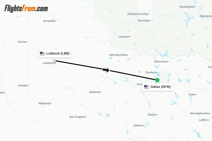 Flights from Lubbock to Dallas route map